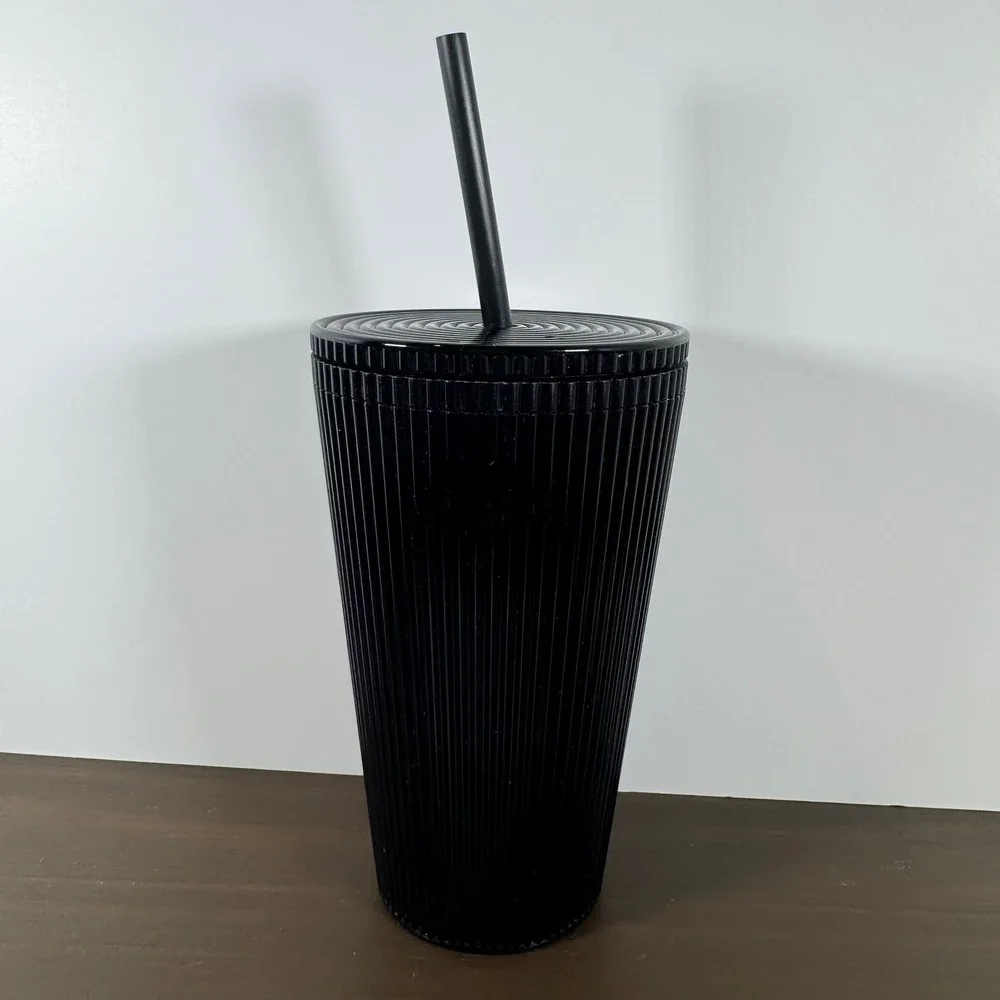 Starbucks Black Pleated Tumbler 16oz Cold Cup Grande Matte Lid Straw Coffee 2024